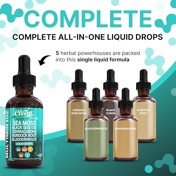 Clean Nutraceuticals Sea Moss Drops Supplement Liquid with Black Seed Oil Ashwagandha Burdock Root & Bladderwrack - Multimineral Organic Non-GMO Vegan for Gut Heath Skin Immune Support Hair (2)