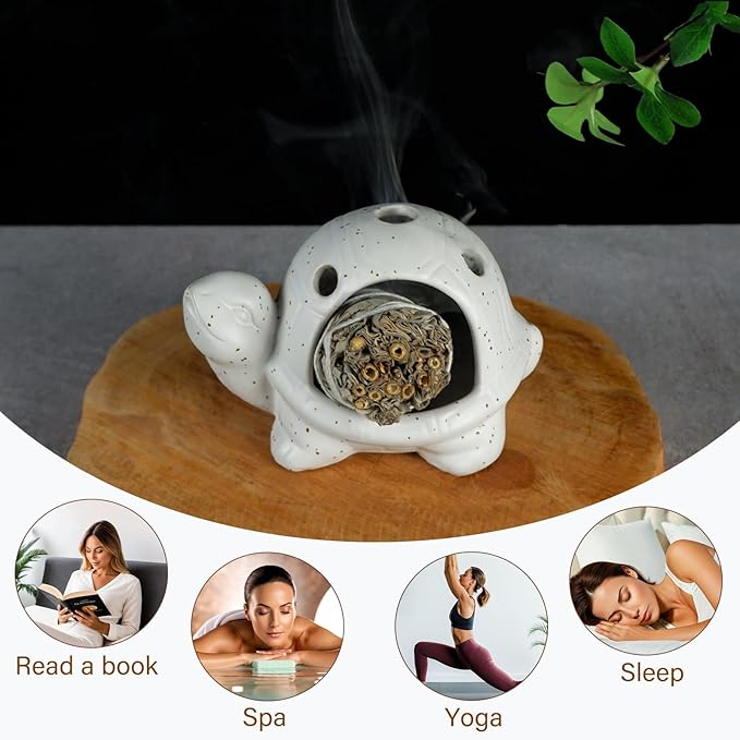 Handcrafted White Ceramic Turtle Palo Santo Holder, Sage, Cone Incense and Copal Burner Holder | Ideal for Meditation, Yoga, Aromatherapy & Altar Spaces | Zen-Inspired Home Decor Gift
