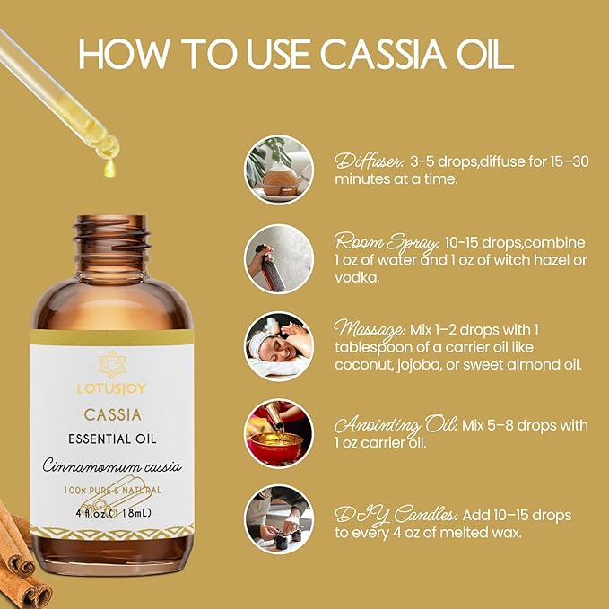 Cassia Cinnamon Bark Essential Oil for Body, Massage, Room Spray, Diffuser, DIY Home Crafts- 4 Oz