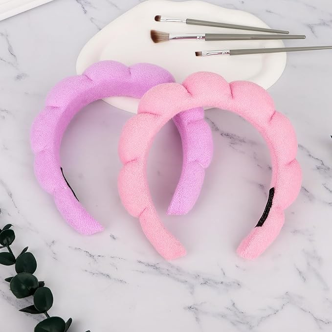 AMCAMI Puffy Spa Headband for Women Sponge Headbands for Girls 2 PCS Terry Towel Cloth Fabric Head Band for Skincare,Makeup Removal,Face Washing,Facial Mask,Shower,Hair Accessories（Purple&Light Pink）