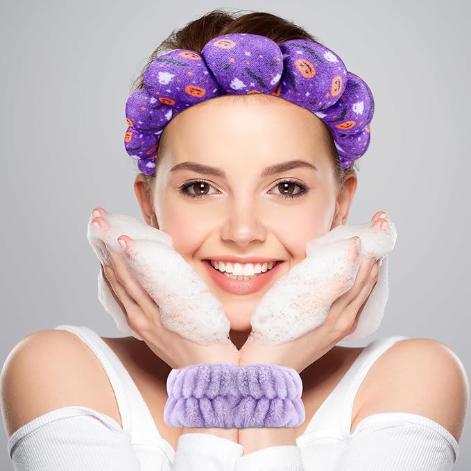 Zkptops Spa Headband for Washing Face Wristband Set Sponge Makeup Skincare Velvet Fabric Bubble Get Ready Hairband Puffy Headwear Non Slip Thick Thin Hair Accessory Gift for Women Girls(Halloween)