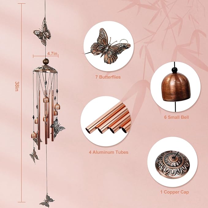 Copper Tone Animal Wind Chimes for Outdoors/Indoors - Butterfly Designs - Garden, Patio, Yard, Home Decor, for Women, Men, Mom, Birthday, Memorial, Housewarming (Butterfly)