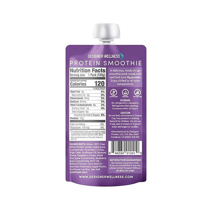 Designer Wellness Protein Smoothie, Real Fruit, 12g Protein, Low Carb, Zero Added Sugar, Gluten-Free, Non-GMO, No Artificial Colors or Flavors, Mixed Berry, 12 Count