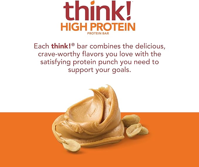 think! Protein Bars, High Protein Snacks, Gluten Free, Kosher Friendly, Creamy Peanut Butter, Nutrition Bars, 2.1 Oz per Bar, 30 Count (Packaging May Vary)