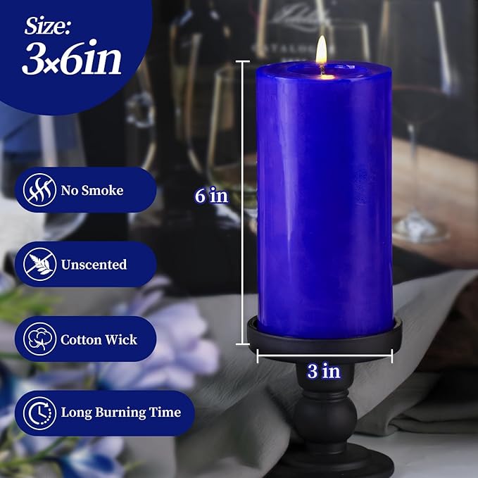 KONNI Classic Blue Pillar Candles Set of 3, 3"x 6" Unscented Pillar Candles Bulk, 56 Hours Long Burning Candles, Smokeless&Dripless Large Round Candle for Wedding, Home Decoration, Parties, Spas