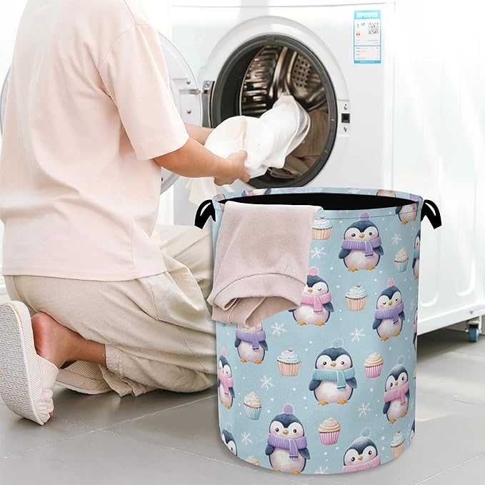Cute Penguin Laundry Basket,Snowflake Cake Foldable Oxford Cloth Tote Bag Laundry Hamper Clothes Storage Bucket Organizer for Bedroom Laundry Storage Dormitories 16" x 20.8"