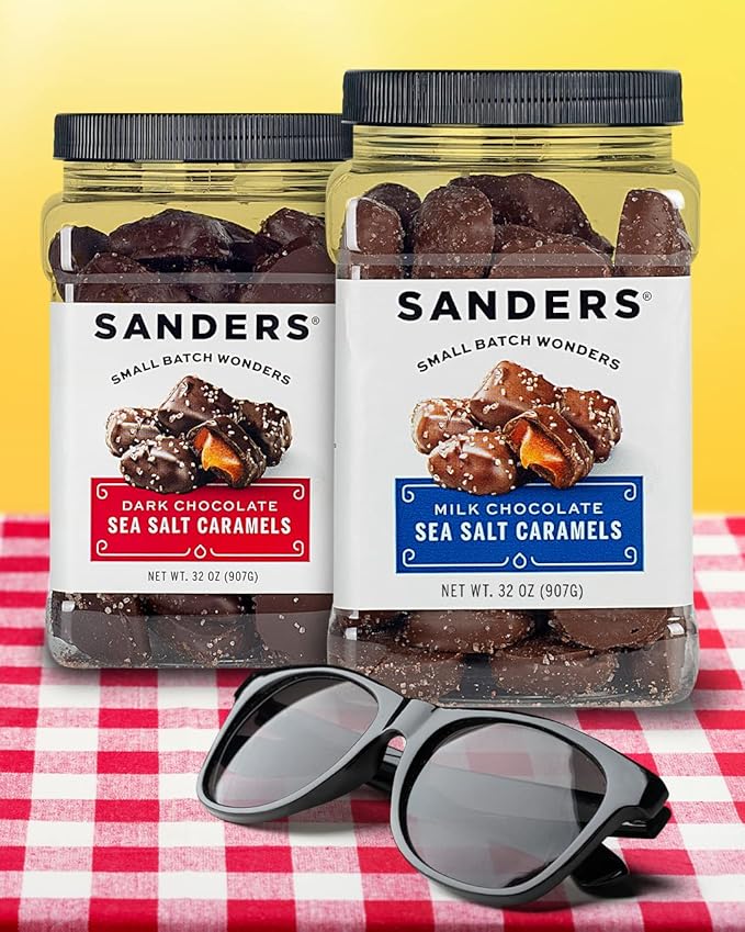 Sanders Dark Chocolate Sea Salt Caramels (32 oz Tub) – Handcrafted Small Batch Slow Cooked Caramel, Sea Salt Dark Chocolate with Rich Indulgent Flavor, Sweet & Salty