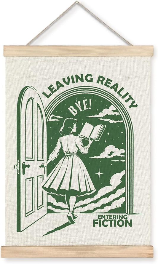 Exqcom Retro Green Funny Reading Wall Art Poster, Reading Nook Decor, Book Club Decorations, Leaving Reality Entering Fiction Humorous Posters for Book Nook Room Library Classroom, 12x16 Inches