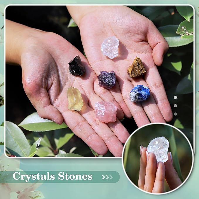 Crystals and Healing Stones,9 Pcs Healing Crystals Set,7 Raw Chakra Crystal Stones Kits Pyramid,Crystals Kits, Natural Selenite Reiki Real Crystal with Wooden Box,Crystal Gifts for Women