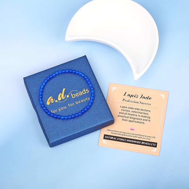 AD Beads Handmade Gemstone Stretch Elastic Bracelet Crystal Healing Reiki Nature's Beauty and Spiritual Essence Unisex (4mm, Blue Lapis Jade (Profession Success))