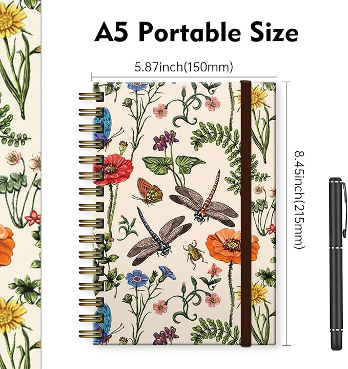 Cute Spiral Notebook, Journal for Women, Hardcover Spiral Journal, 5.5 x 8.3 Inches, 120 Pages,100gsm Paper, for Gifts Nurse Teacher Women Office Supplies(Cute dragonfly Flower)