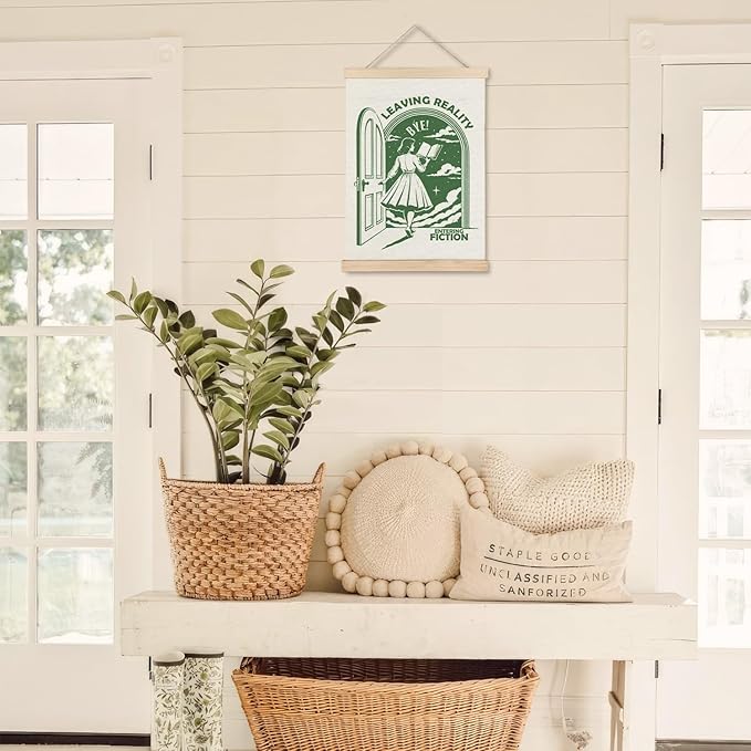 Exqcom Retro Green Funny Reading Wall Art Poster, Reading Nook Decor, Book Club Decorations, Leaving Reality Entering Fiction Humorous Posters for Book Nook Room Library Classroom, 12x16 Inches