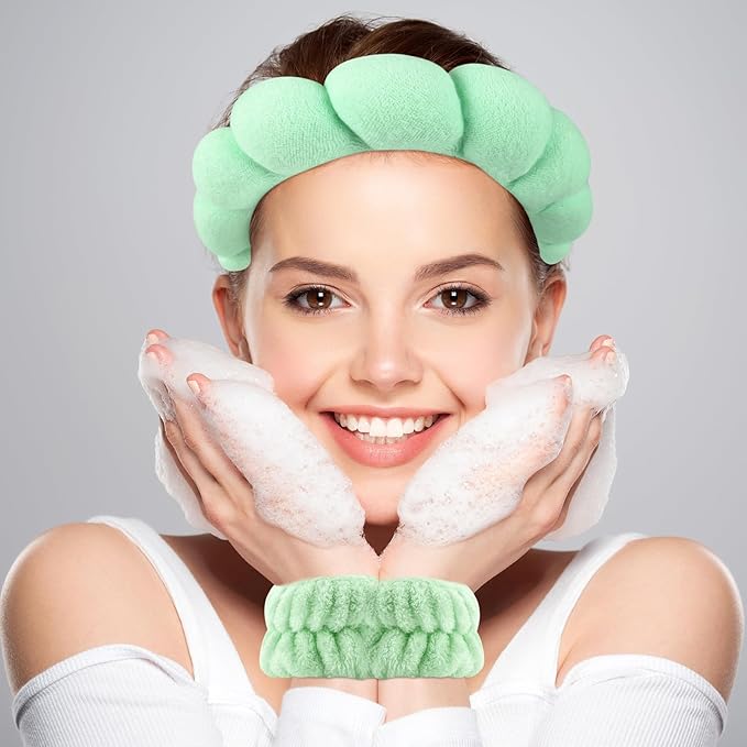Zkptops Spa Headband for Washing Face Wristband Set Sponge Makeup Skincare Terry Cloth Bubble Soft Get Ready Hairband for Women Girl Puffy Padded Headwear Non Slip Thick Hair Accessory(Light Green)