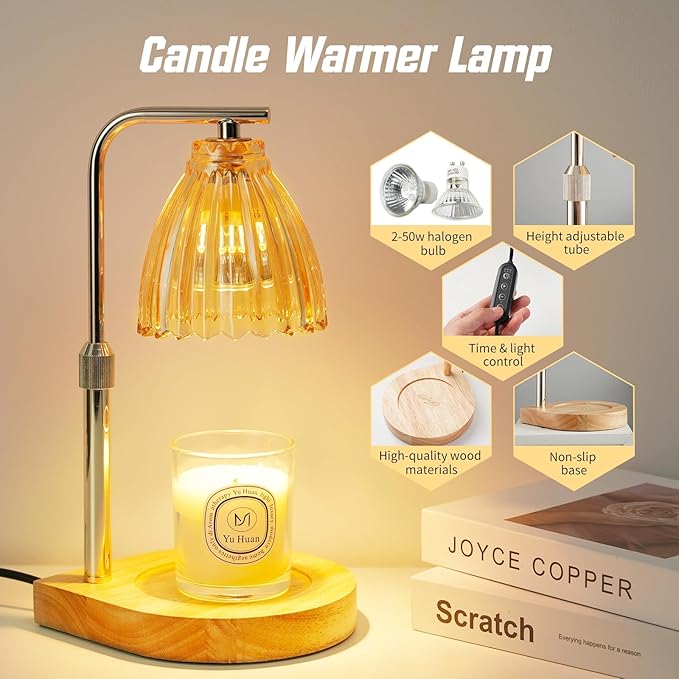 Candle Warmer Lamp with Timer & Dimmer, Height Adjustable Wax Melting Lamp with 2 Bulbs, Safe Flameless Candle Warmer for Home Décor, Gift for Wife, Mom, or Girlfriend, Warm Yellow