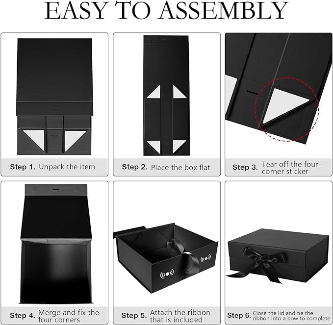 Black Gift Box with Ribbon Magnetic Lids 10.2x9x3.74 in, Bridesmaid Groomsman Proposal Boxes, Wedding Graduation Storage Box 5 Pack