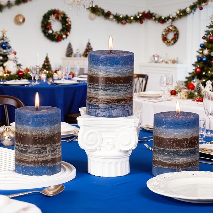 KONNI Blue-Coffee Layered Pillar Candles Set of 3, 3"x 4" Unscented Pillar Candles Bulk, 39 Hours Long Burning Candle, Smokeless & Dripless Round Candle for Wedding, Home Decor, Party, Spa, Dinner