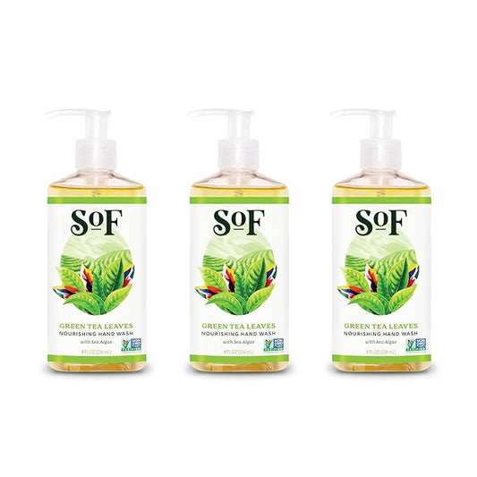 SoF Nourishing Hand Wash - With Moisturizing Sea Algae, Coconut & Olive Oil- Vegan & Non GMO- Free From Phthalates, Sulfates & Parabens- Green Tea Leaves - 8 oz Bottle 3 Pack