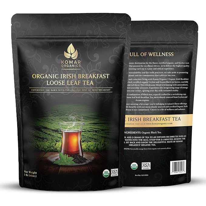 Komar Organics Irish Breakfast Tea – 16Oz USDA Organic Black Loose Leaf Tea – Certified Kosher Ceylon and Assam Black Tea Loose Leaf Rich in Antioxidants – Energy Boosting Organic Black Tea for Morning, Afternoon