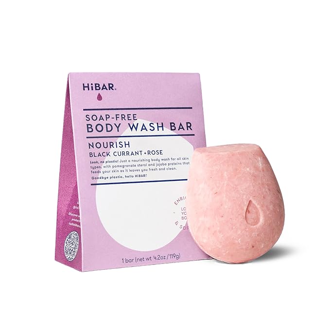 HIBAR - Nourish Solid Body Wash Bar - Replenish & Enrich - With Pomegranate Sterol & Jojoba Protein - Daily Use & Sensitive Skin - Plastic, Paraben & Soap-Free - Vegan - Black Currant + Rose - 1 Bar