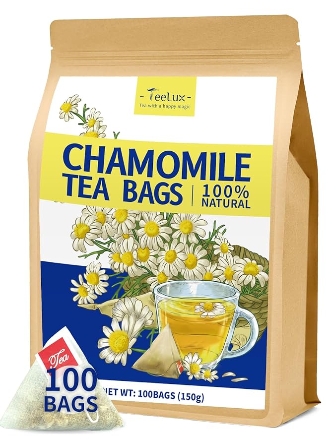TeeLux Chamomile Tea Bags, 1.5g/bag, Pure Natural Chamomile Flowers Herbal Tea, Caffeine Free, 100 Count