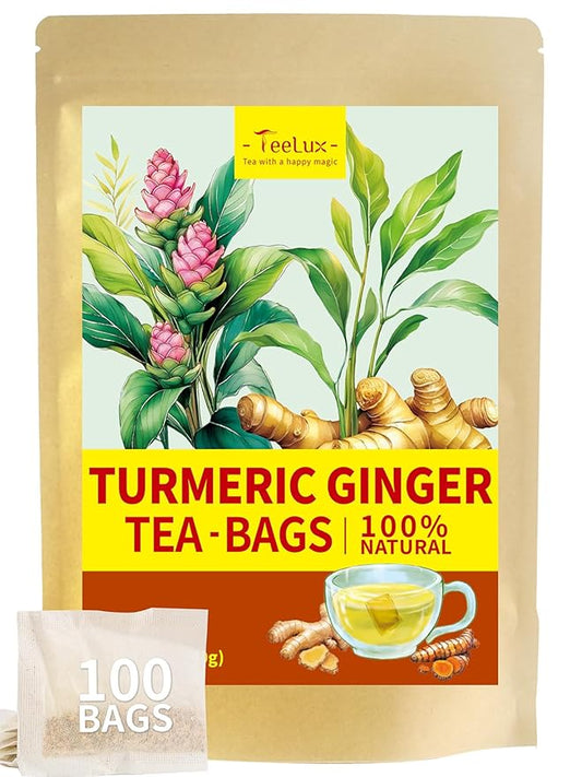TeeLux Turmeric Ginger Tea Bags, Pure Natural Turmeric Ginger Herbal Tea, Spicy & Smooth Flavor, Caffeine Free, 100 Count