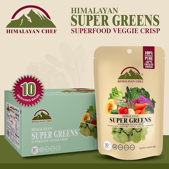 Himalayan Chef Super Greens Veggie Crisp 30g each Freeze-Dried Superfood Snack 30+ Organic Green Veggie Mix Protein-Rich, Nutrient-Packed, Gluten-Free 10 Pack