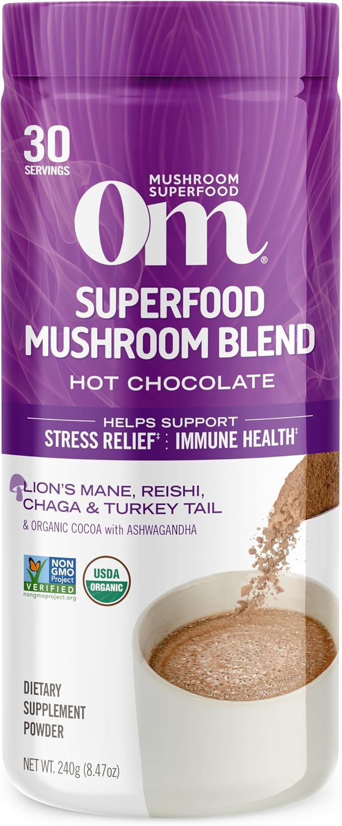 OM MUSHROOM SUPERFOOD Hot Chocolate Blend Mushroom Powder, 8.47 Ounce Canister, 30 Servings, Cocoa, 2g of Sugar, 25 Calories, Lion's Mane, Reishi, Chaga, Turkey Tail, Focus and Stress Support