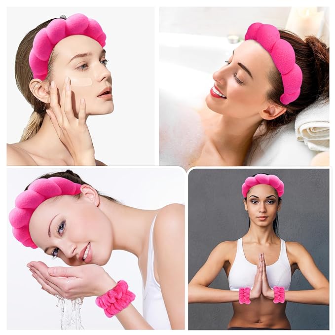 Zkptops Spa Headband for Washing Face Wristband Set Sponge Makeup Skincare Terry Cloth Bubble Soft Get Ready Hairband for Women Girl Puffy Padded Headwear Non Slip Thick Hair Accessory(Hot Pink)