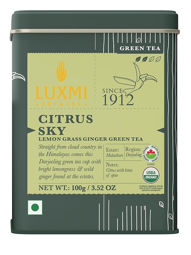 Luxmi Estates Citrus Sky Green Tea 100gm Tin | Certified Organic Darjeeling Green Tea