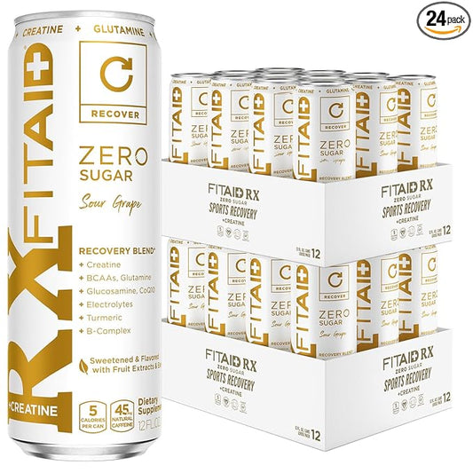FITAID RX Zero, Creatine Monohydrate, 5 Calories, Keto-Friendly Post-Workout Recovery Drink, BCAAs, L-Glutamine, Turmeric, Electrolytes, B-Complex, 12 Fl Oz (Pack of 24)