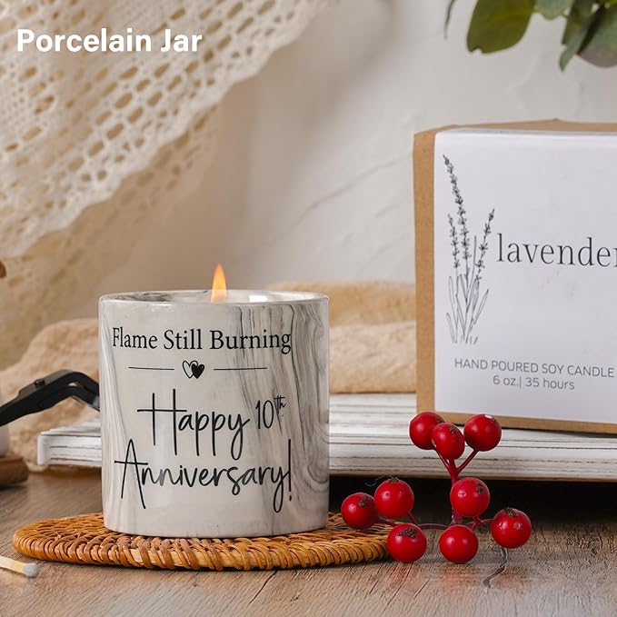 10th Anniversary Candle - 10th Anniversary Present for Him, Her, Wife, Husband, 10 Year Aniversario Gifts for Men & Women, Couple - 6 Oz Porcelain Lavender Candle