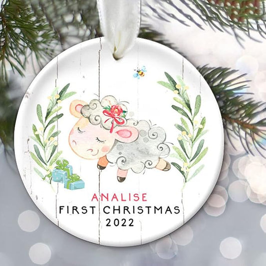 Lamb Sheep Ornament - Babys First Christmas Personalized Farm Ornament for Baby Girl or Boy