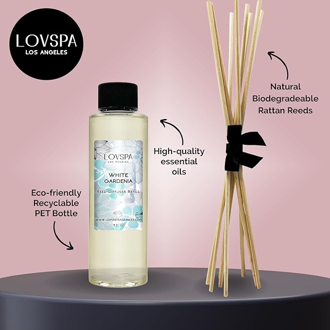LOVSPA White Gardenia Diffuser Oil - Luxury Essential Oils for Diffuser Refill & Air Freshener Room Spray - Long-Lasting & Natural Home Fragrance, Scented Oil for Diffusers, USA Made, 4oz