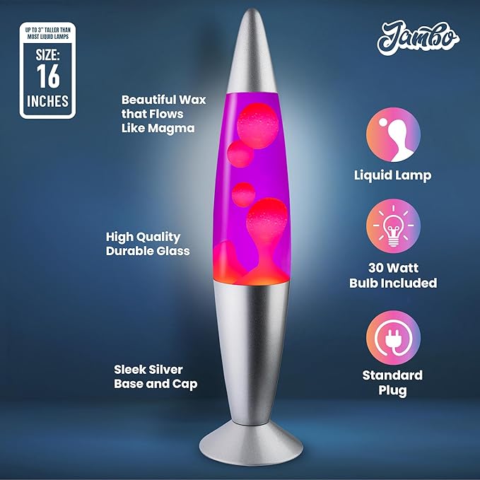JAMBO 16" Beautiful Lamp- Purple with Pink Wax, Relaxing Liquid Light, Night Light Nightlight, Home Decor Living Room Office Bedroom Lamp for Adults Teens Kids, Magma Motion