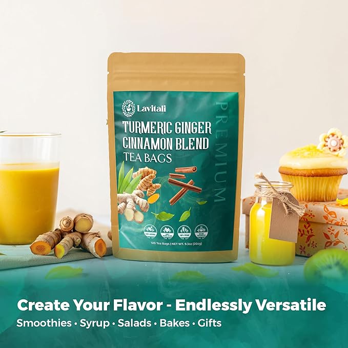 Lavitali, Ginger Turmeric Cinnamon Tea | 120 bags, 100% Pure Herbal Tea | Caffeine-Free, No Sugar, Eco-Friendly Filter Bag | Daily Natural Botanical, Hot or Iced Herbal Infusion