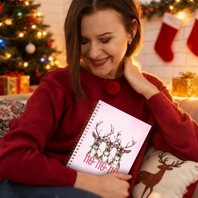 Exqcom Pink Christmas Reindeer Spiral Notebook Gifts, Coquette Pink Bow Deer Animal Journal for Women, Hohoho Xmas Winter Holiday Hardcover Notebook Journal Office School Supplies, 5.5x8.3 Inch