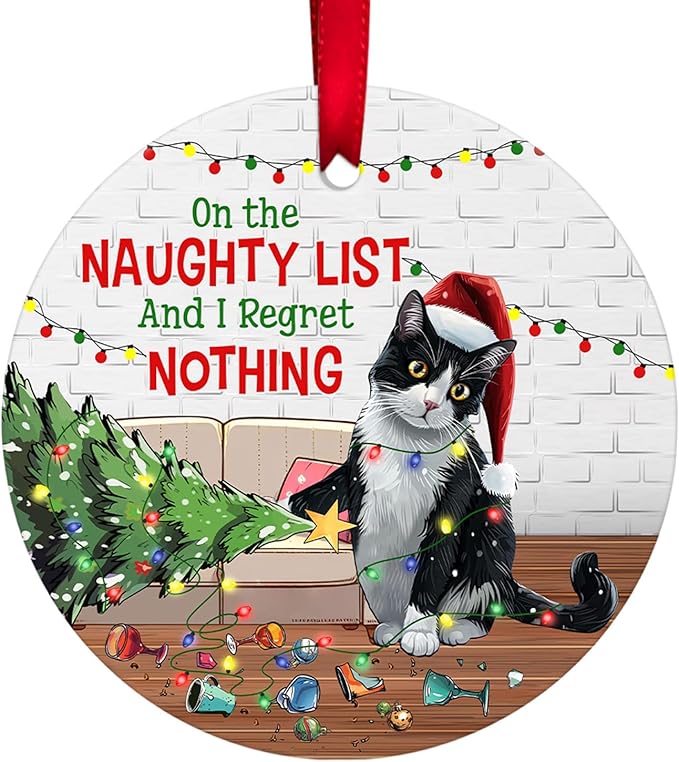 34HD 2.9"" Lightweight Ceramic Ornament for Christmas Tree, Both Sides Printed Flat Hanging Ornament, Gifts for Christmas, Christmas Decoration - Black Cat Funny