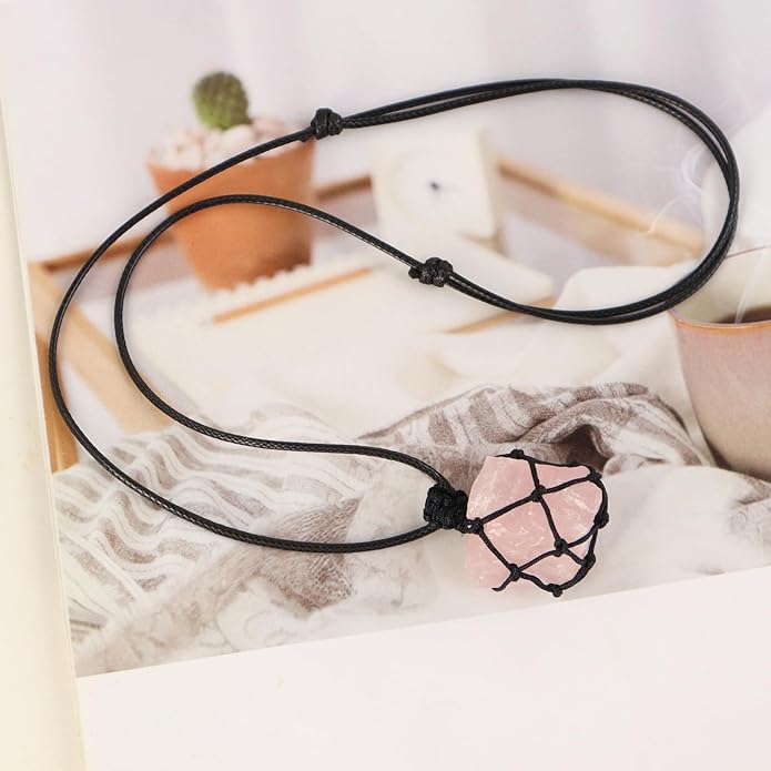 Handmade Natural Gemstone Crystal Pendant Necklace Stone Holder Necklace Cord Net Necklace with Adjustable Length for Women Men