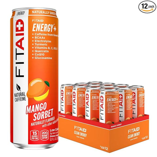 FITAID ENERGY, 200mg Natural Caffeine, Keto, Mango Sorbet, Optimum Performance Formula: BCAAs, Quercetin, Electrolytes, Omega-3s, 15 calories, Paleo, Vegan & Gluten-Free 12 Fl Oz (Pack of 12)