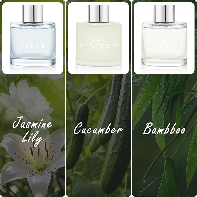 3 Set of Reed Diffusers, 5.07 oz Reed Diffusers with 12 Black Fiber Sticks, 150 ml Jasmine Lily Cucumber Bamboo Scent Diffuser for Home,Long Lasting up to 90 Days