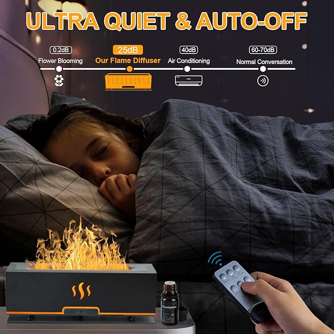 7 Colors Flame Diffuser Essential Oil Diffuser with 6 Essential Oils, 200ml Ultra-Quiet Aromatherapy Diffuser for Office Home Bedroom Aroma 360 Diffuser (Fire-Gray Set)