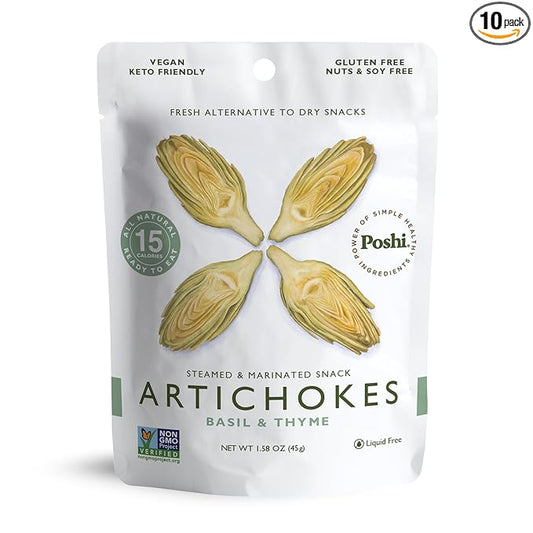POSHI Artichoke Hearts with Basil and Thyme – Ready-to-Eat Snack Pack – Vegan, Keto, Low Carb, Gluten Free, Non-GMO (10 Pack, 1.58 oz)