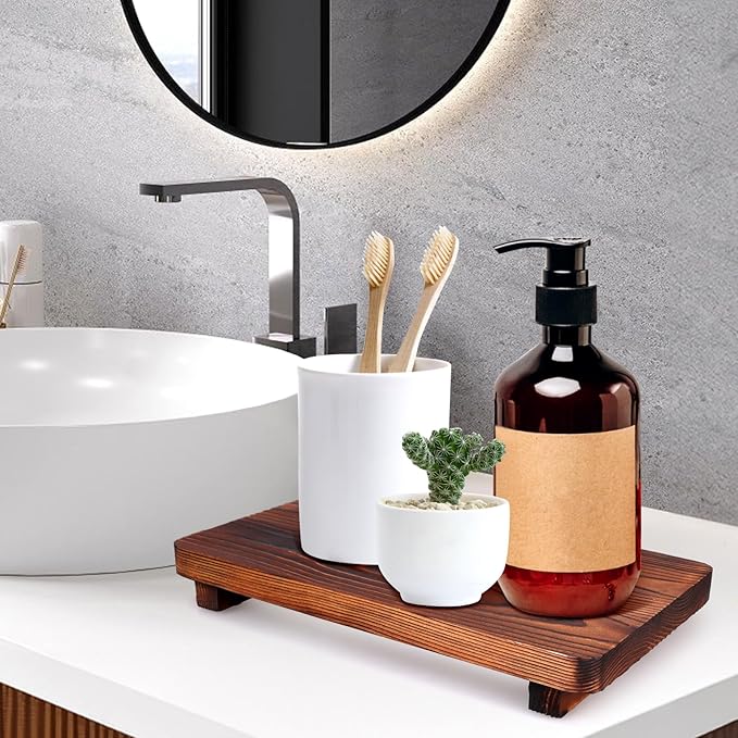 Farmhouse Bathroom Counter Organizer Wood Risers Display Pedestal Stand Wooden Dish Soap Dispenser Holder for Bathroom Decor Sink Accessories Small Kitchen Countertop Trays Vanity Decorative Tray