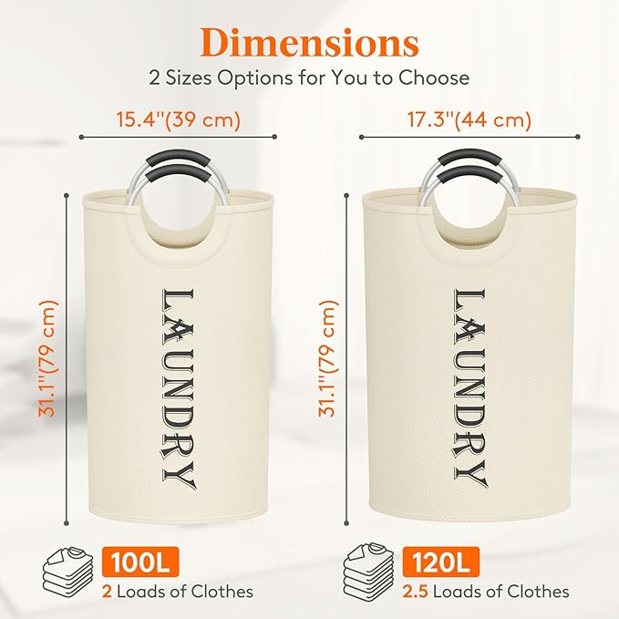 Lifewit 100L 2-Pack Large Laundry Basket, Collapsible Laundry Hamper with Aluminum Handles, Waterproof Freestanding Dirty Clothes Hampers for Laundry Room Bedroom Dorm Bathroom, White