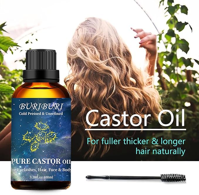 BURIBURI Castor Oil Pure Carrier Oil with Applicator Kit, 100% Pure, Organic, Cold-Pressed, Natural Castor Oil 100ml/3.38fl.oz