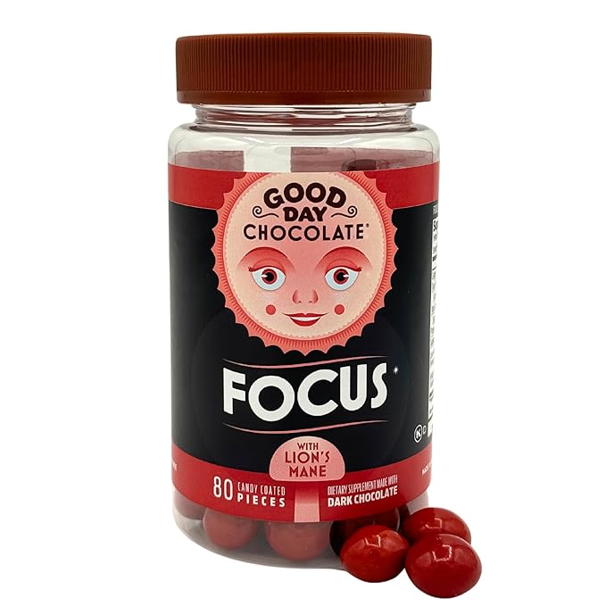 Good Day Chocolate Focus - Dark Chocolate with Lion's Mane Mushroom, Nootropics & Brain Nutrients for Clarity, Memory & Mental Stamina - 80 Count