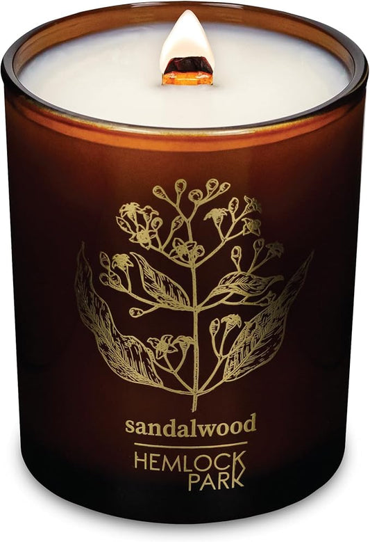 Hemlock Park Wood Wick Candle Handcrafted with Natural Coconut Wax and Essential Oils (Amber & Gold 7.2 oz, Sandalwood)