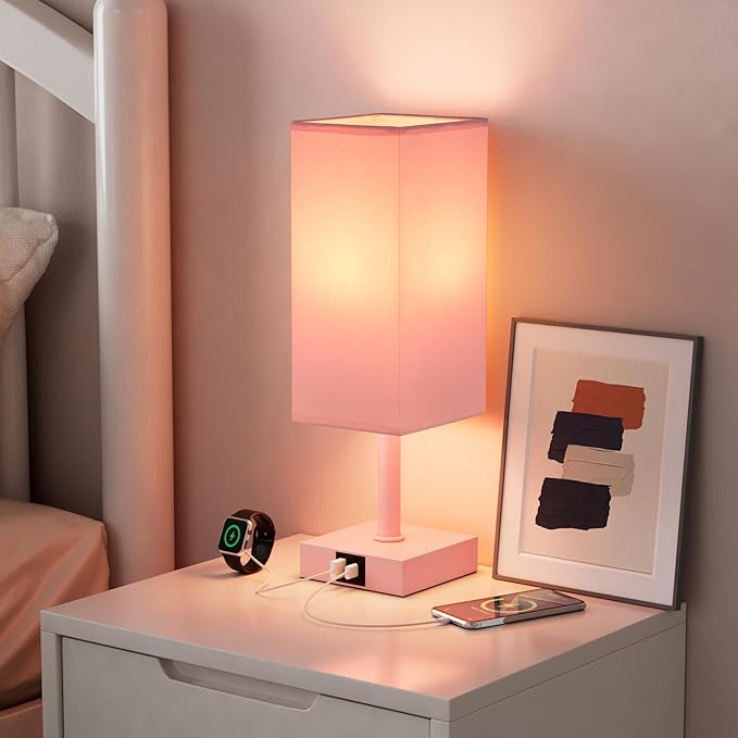 Ambimall Touch Control Table Lamp with USB A+C Charging Ports - 3 Way Touch Lamps Bedside, Nightstand Lamp for Bedrooms, LED Bulb Included(Pink Shade & Pink Base)