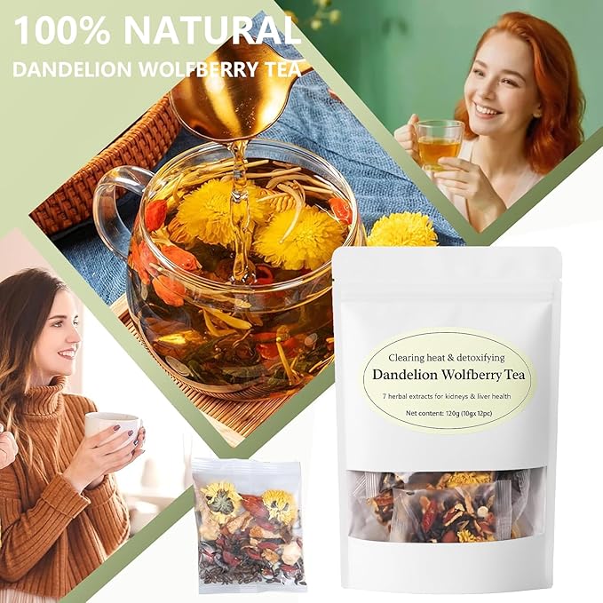 Dandelion Wolfberry Tea, Organic Dandelion Tea for Kidneys & Liver Health, Natural Herbal Ingredients(1 Pack/12 Bags)