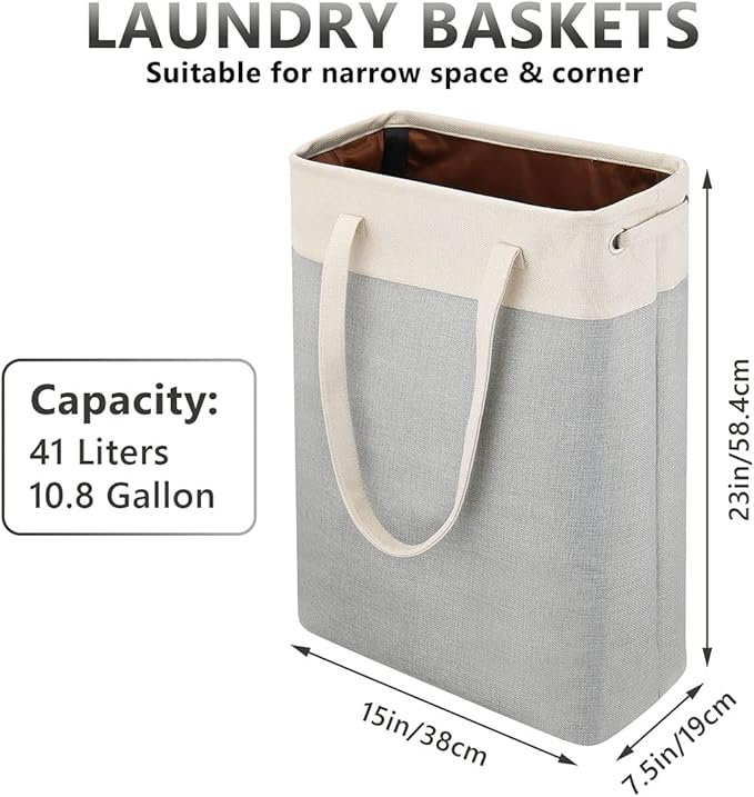 i BKGOO Laundry Basket with Handles Beige&Silver Slim Laundry Bin Collapsible Dirty Clothes Basket Narrow Laundry Bag Foldable Dirty Hamper for Camping, Dorms, Apartments